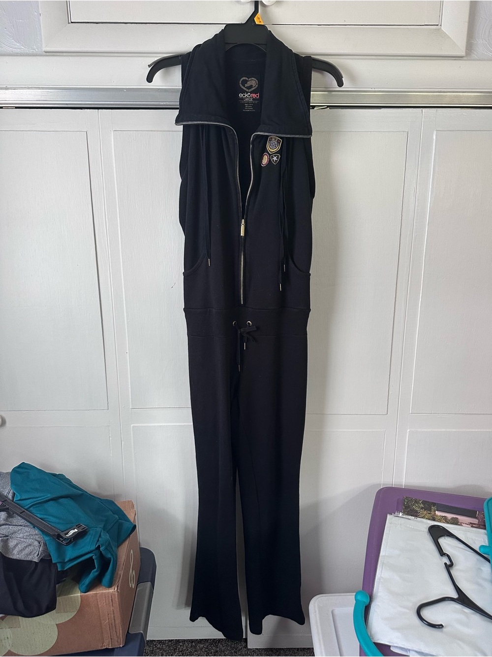 EckoRed Vintage (‘90s) Black Sleeveless Zip-Front Jumpsuit with Drawstring Waist